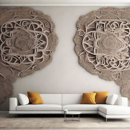 An intricate design for a five meter long living room wall, stylish and unique.