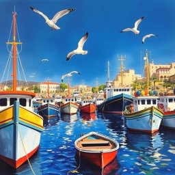 A vibrant painting of ships docked at the harbor of Piraeus