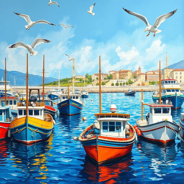 A vibrant painting of ships docked at the harbor of Piraeus