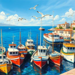 A vibrant painting of ships docked at the harbor of Piraeus