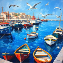 A vibrant painting of ships docked at the harbor of Piraeus