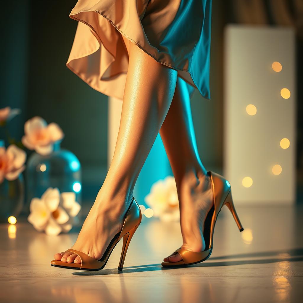 A striking photograph focusing on a pair of elegant female legs, highlighted in a fashion-forward context