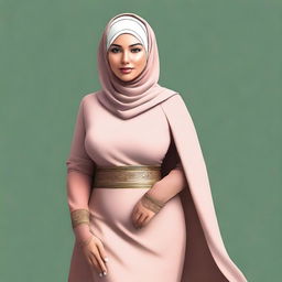 A high-quality digital art image depicting a mature Muslim woman with a voluptuous figure