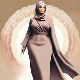 A high-quality digital art image depicting a mature Muslim woman with a voluptuous figure