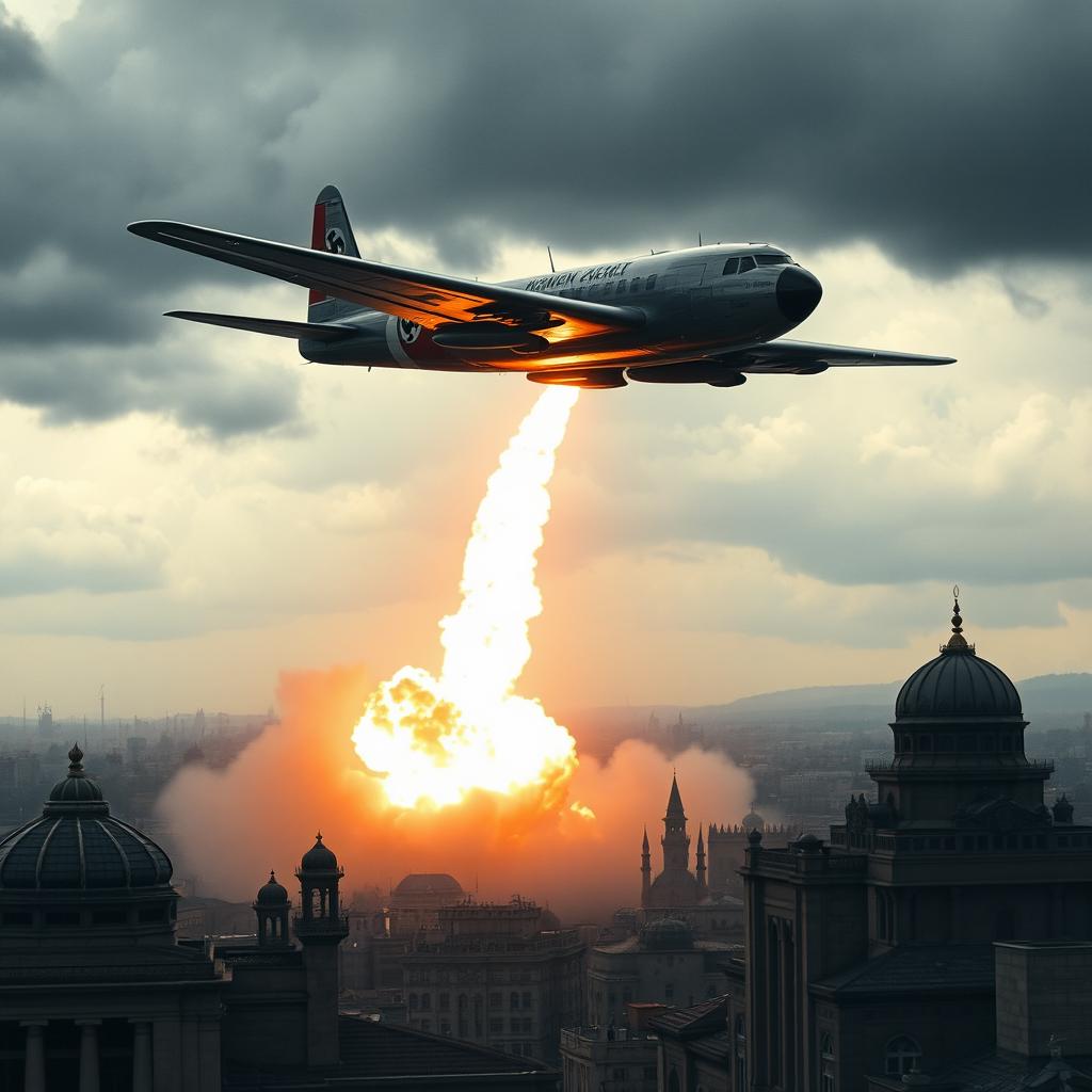 An atomic bomb falling from a Nazi airplane over Tehran, creating a dramatic scene with a vivid skyline of Tehran visible in the background