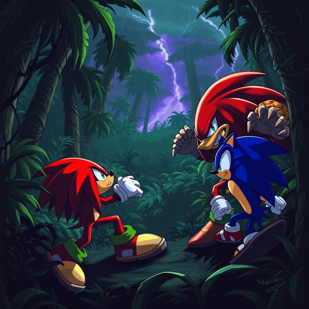 A dramatic scene depicting Knuckles the Echidna in a fierce battle with Sonic the Hedgehog in a dark jungle setting