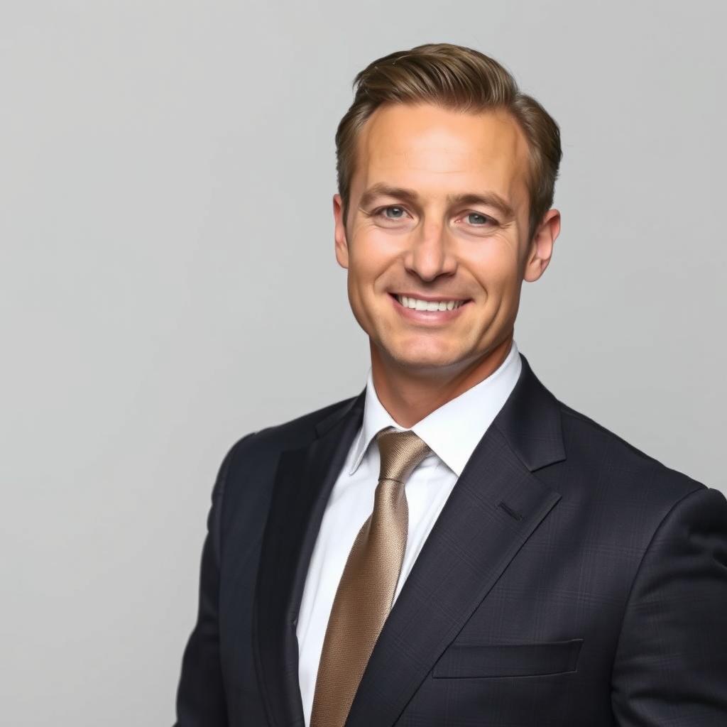 A formal portrait of a confident man in an elegant suit, standing against a light grey background