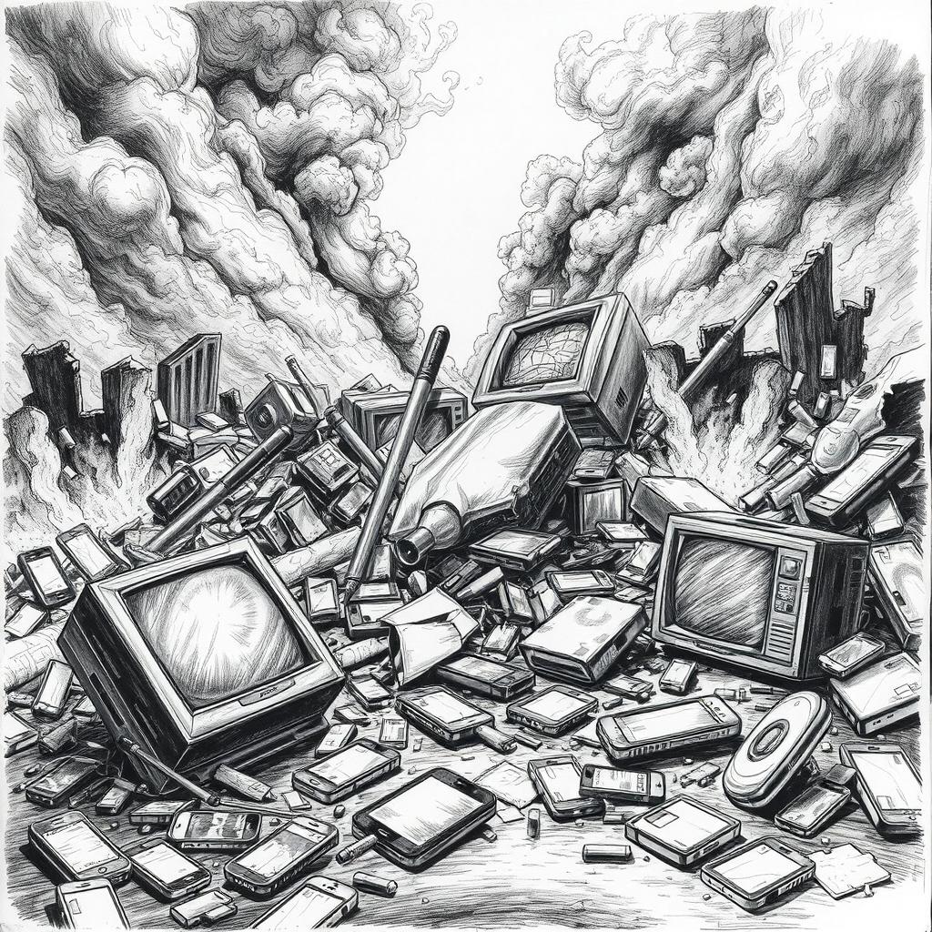 A dramatic black and white drawing depicting a chaotic scene with broken TVs and smartphones scattered on the ground, surrounded by the destruction of ruins