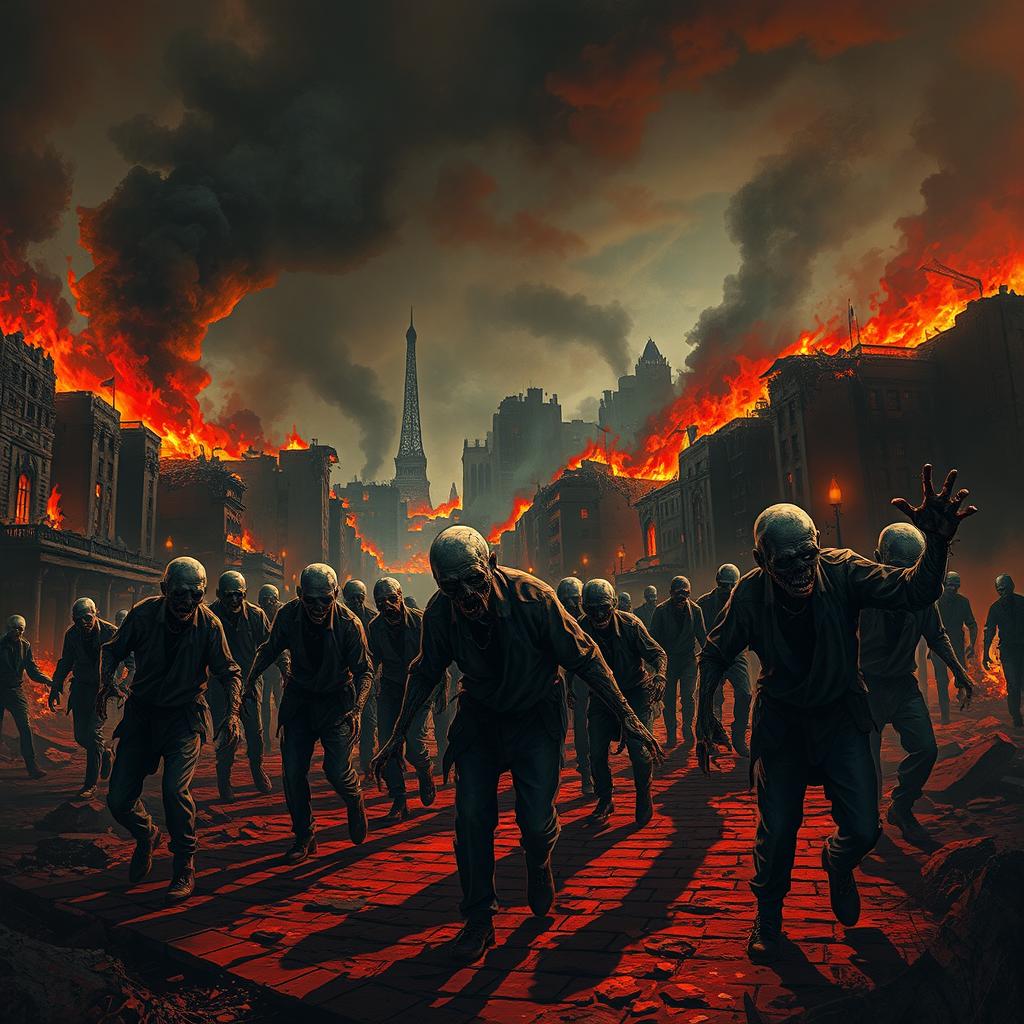 A classic-themed scene depicting wandering zombies in a burning city