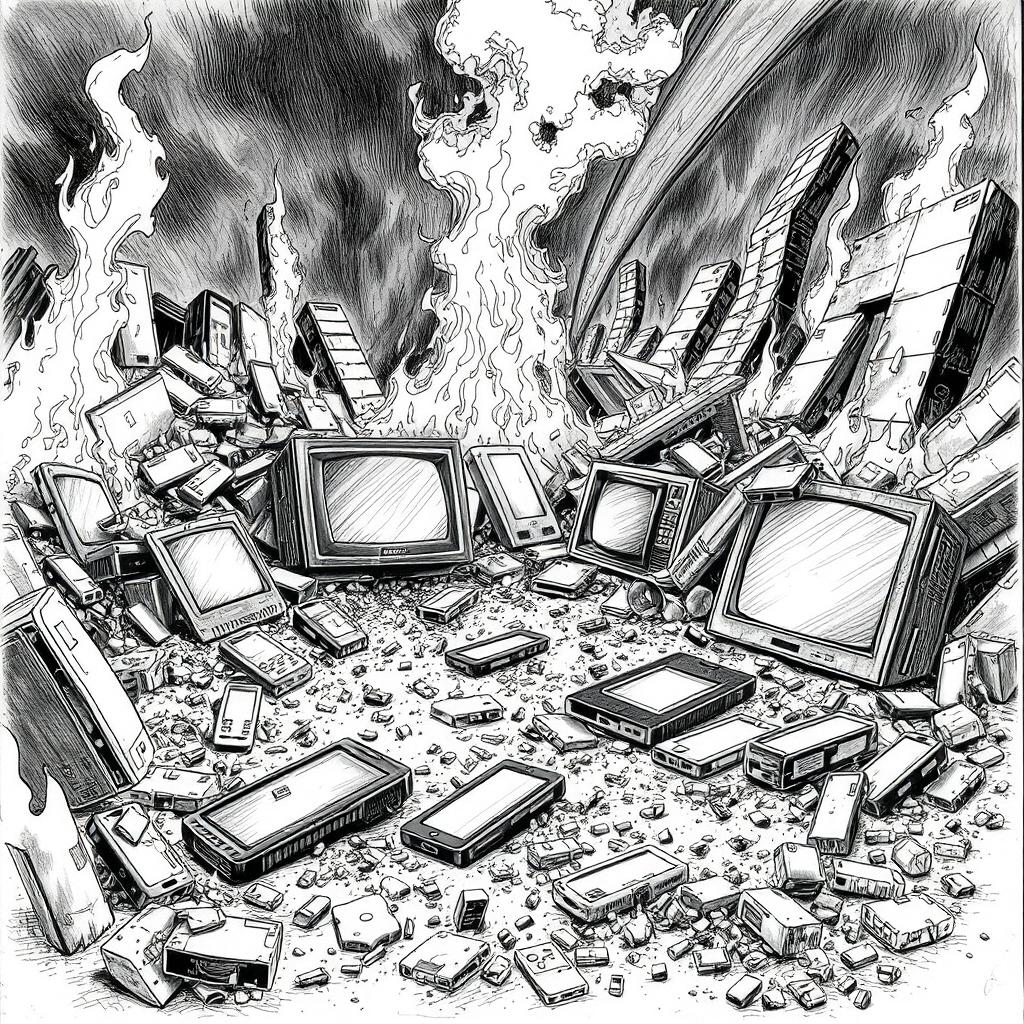 A detailed black and white drawing depicting broken televisions and smartphones scattered on the ground amidst ruins
