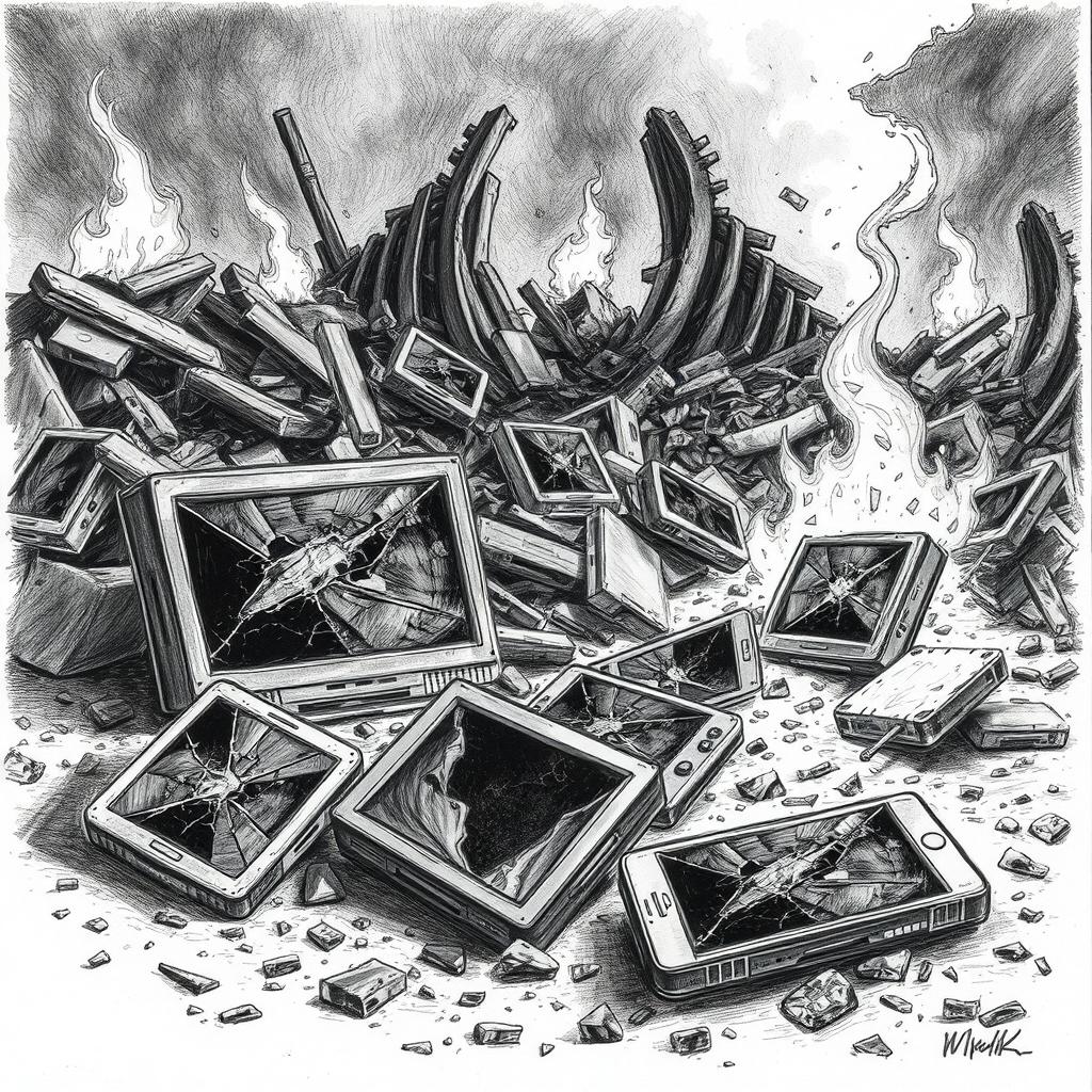A dramatic black and white drawing depicting a chaotic scene where broken televisions and smartphones are scattered across the ground amidst the ruins