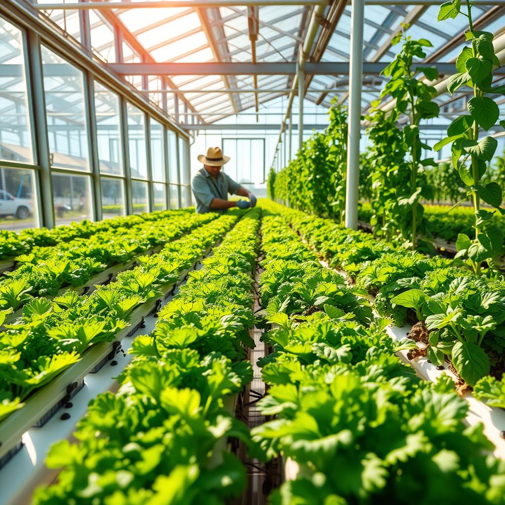 A vibrant hydroponic farm showcasing rows of lush, green vegetables growing in a modern greenhouse environment
