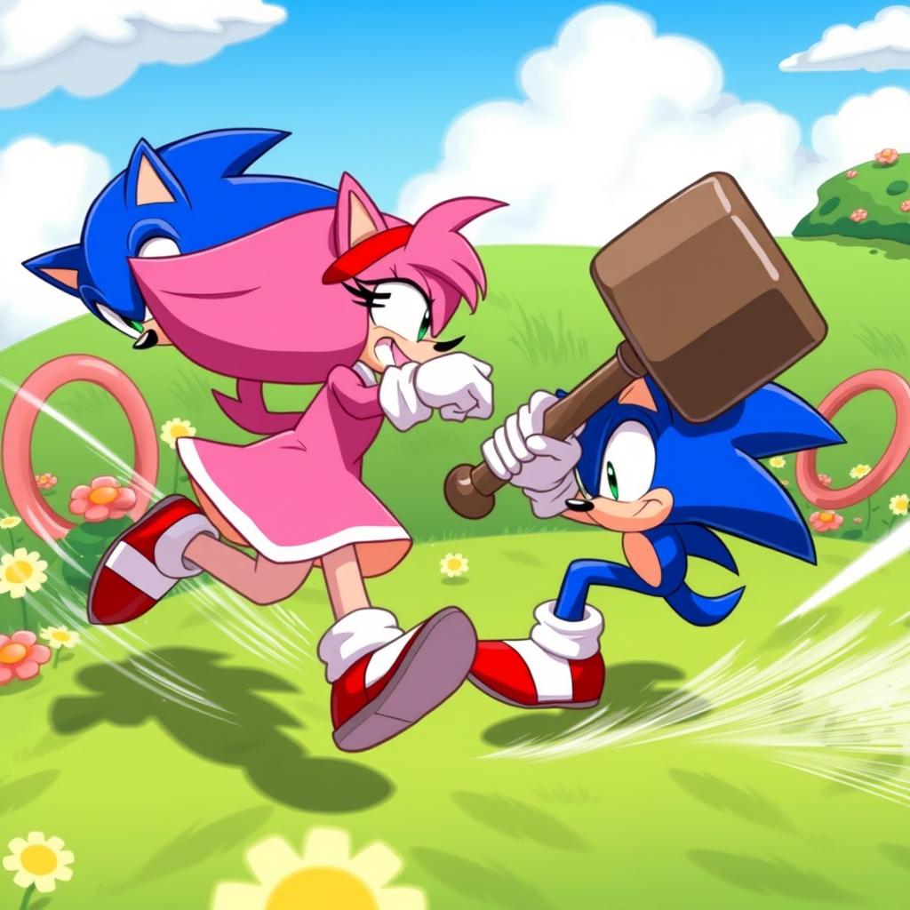 A dynamic scene depicting Sonic the Hedgehog and Amy Rose engaged in an energetic battle