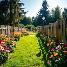 A beautifully landscaped garden with a lush green lawn, bright blooming flowers in various colors, and a wooden fence extending around the perimeter