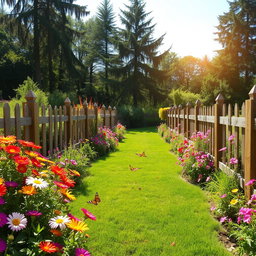 A beautifully landscaped garden with a lush green lawn, bright blooming flowers in various colors, and a wooden fence extending around the perimeter
