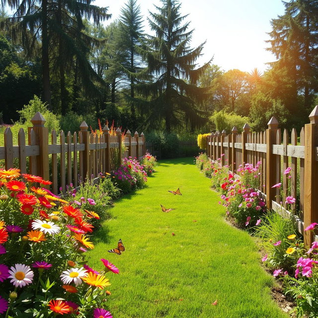 A beautifully landscaped garden with a lush green lawn, bright blooming flowers in various colors, and a wooden fence extending around the perimeter