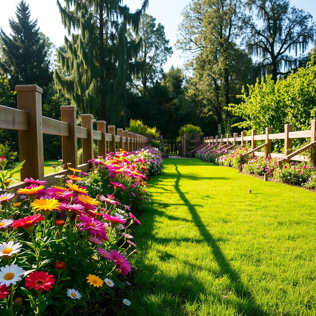 A beautifully landscaped garden with a lush green lawn, bright blooming flowers in various colors, and a wooden fence extending around the perimeter