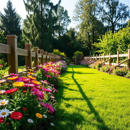 A beautifully landscaped garden with a lush green lawn, bright blooming flowers in various colors, and a wooden fence extending around the perimeter