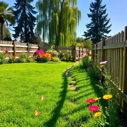 A beautifully landscaped garden with a lush green lawn, bright blooming flowers in various colors, and a wooden fence extending around the perimeter