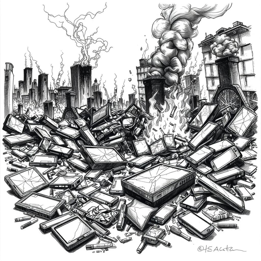 A detailed black and white drawing depicting a chaotic scene with broken LCD TVs and smartphones scattered across the ground