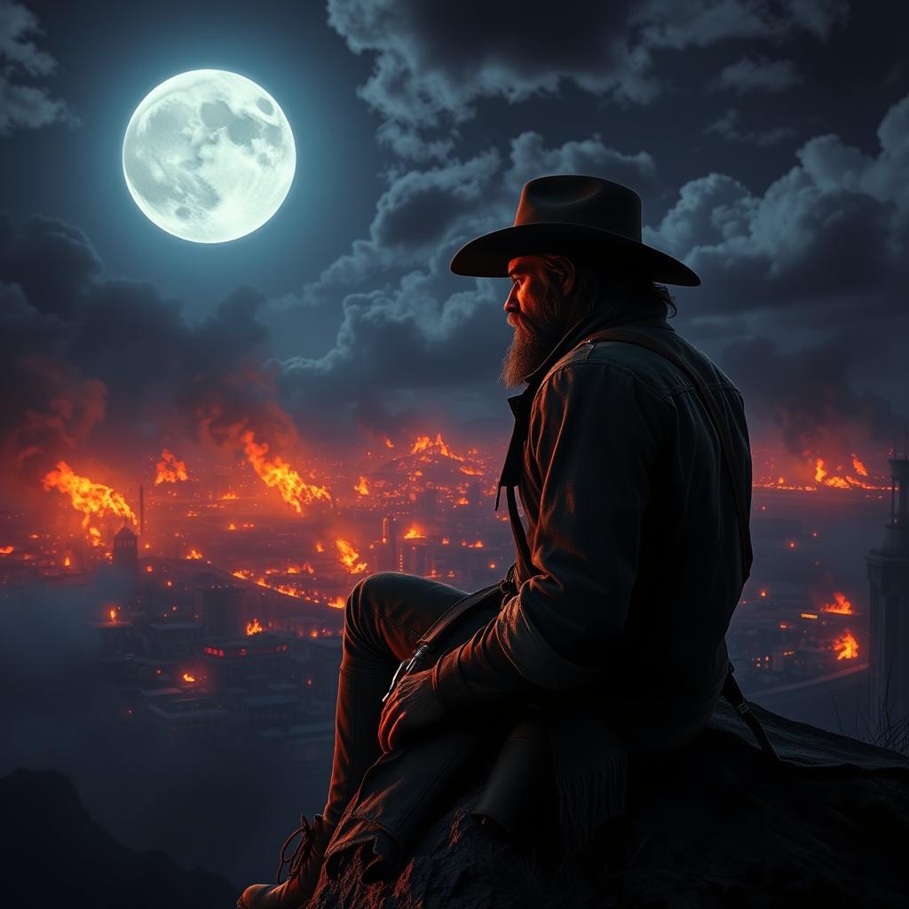 A dramatic scene featuring Arthur Morgan, a rugged cowboy with a distinctive look, sitting on a cliff, gazing at a city engulfed in flames at night