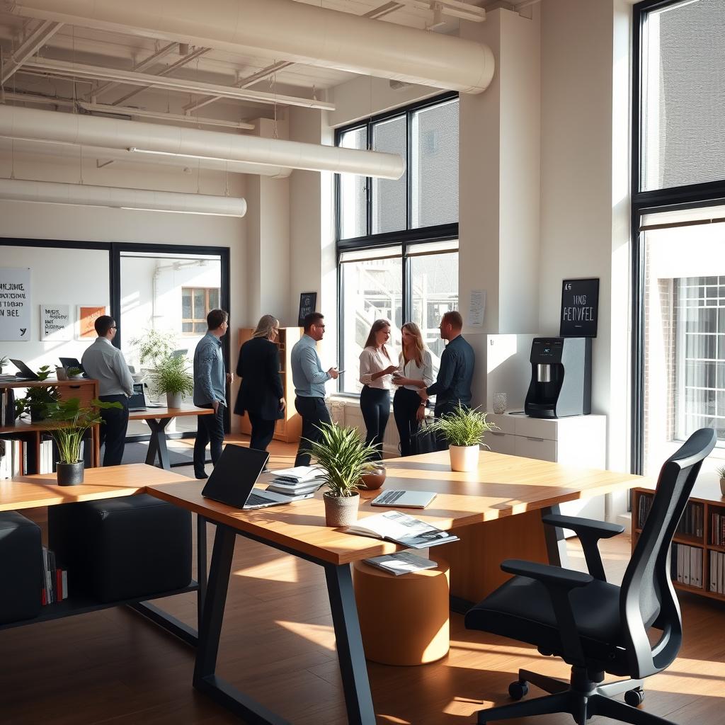 A modern office space filled with natural light from large windows, featuring sleek furniture and a minimalist design