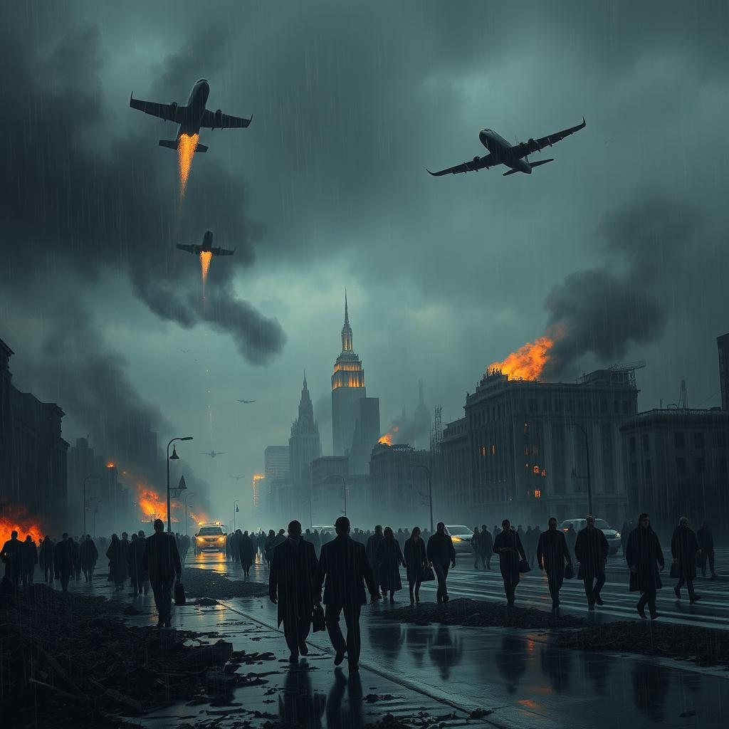 A dramatic scene depicting people wandering through the ashes of a burnt city, with glowing embers still rising into the air
