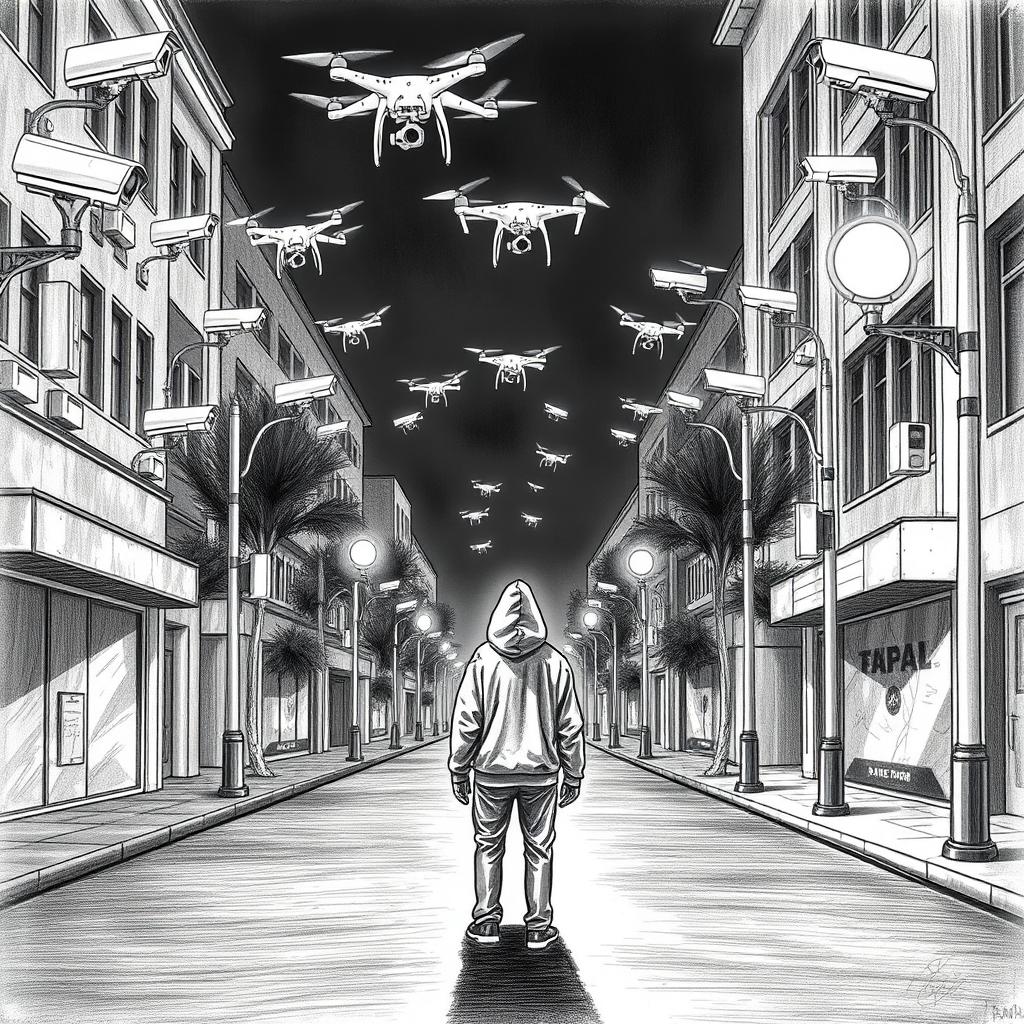 A black and white drawing depicting a street filled with numerous surveillance cameras mounted on buildings and streetlights