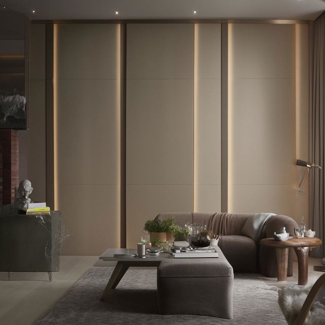 A sophisticated design for a 5 meter-long living room wall, full of character and style.