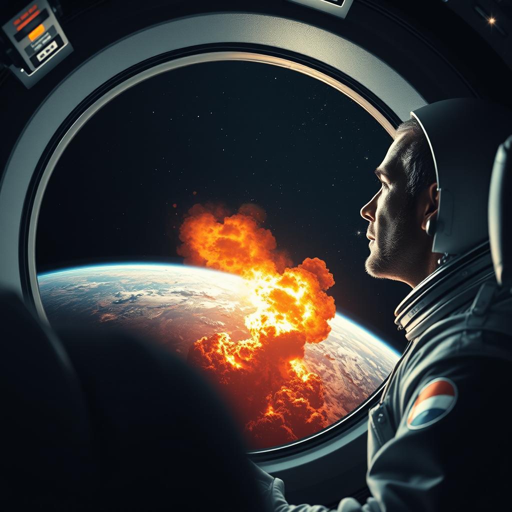 A dramatic scene depicting a man gazing out of a spaceship window at an exploding Earth
