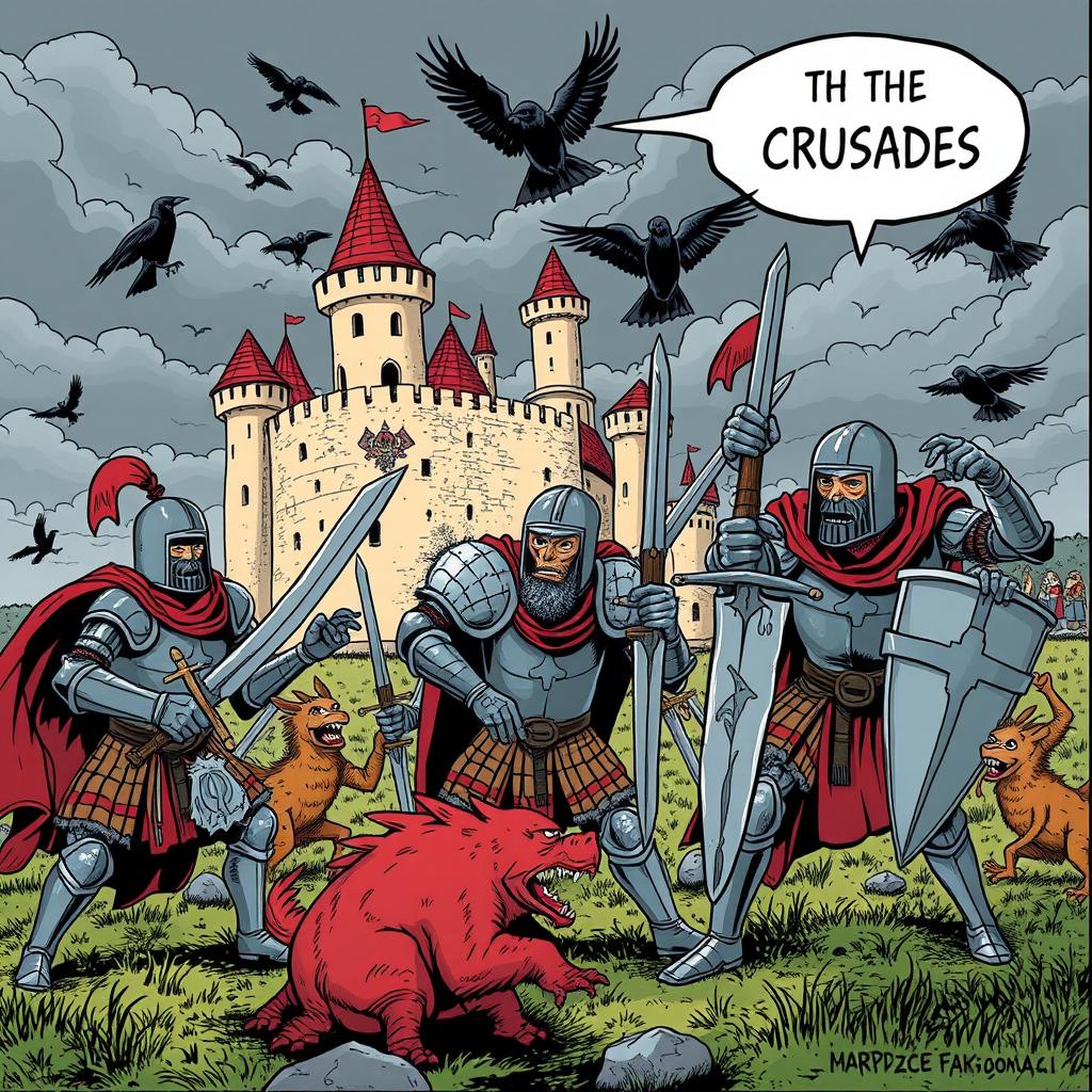 A darkly humorous comic-themed illustration of the Crusades, featuring knights in exaggerated armor with comical, oversized weapons, battling against quirky, mythical creatures in a medieval landscape