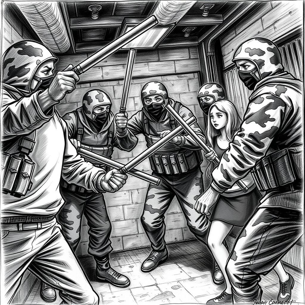 A dramatic black and white drawing depicting a tense indoor scene where multiple figures dressed in camouflage outfits and wearing balaclavas are seen aggressively confronting a guy and a girl
