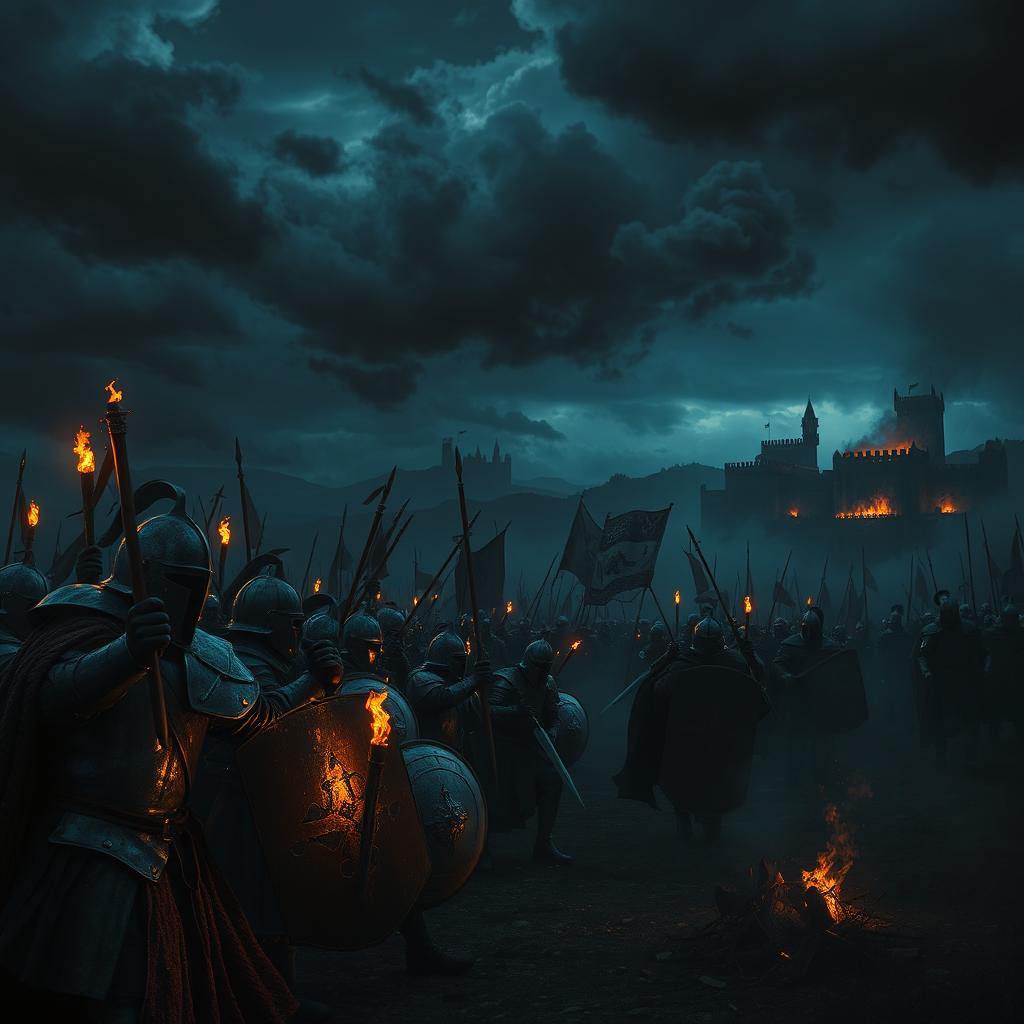 A dark, atmospheric depiction of the Crusades, featuring a shadowy medieval battlefield at dusk, with ominous storm clouds overhead