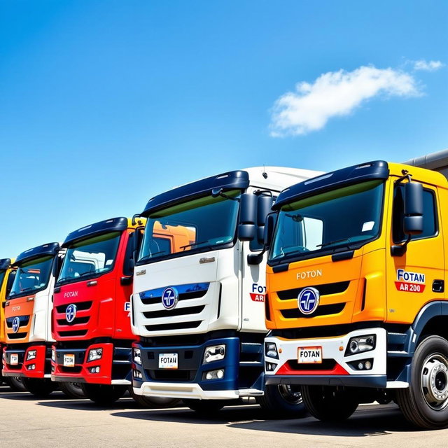 Five Foton trucks lined up next to each other, oriented from right to left
