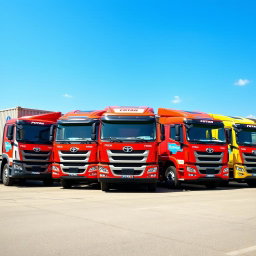Five Foton trucks lined up next to each other, oriented from right to left