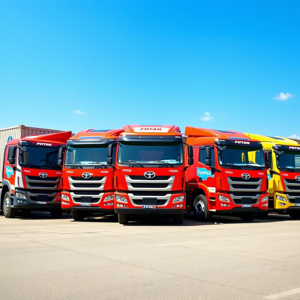 Five Foton trucks lined up next to each other, oriented from right to left