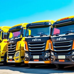 Five Foton trucks lined up next to each other, oriented from right to left