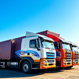 Five Foton trucks lined up next to each other, oriented from right to left