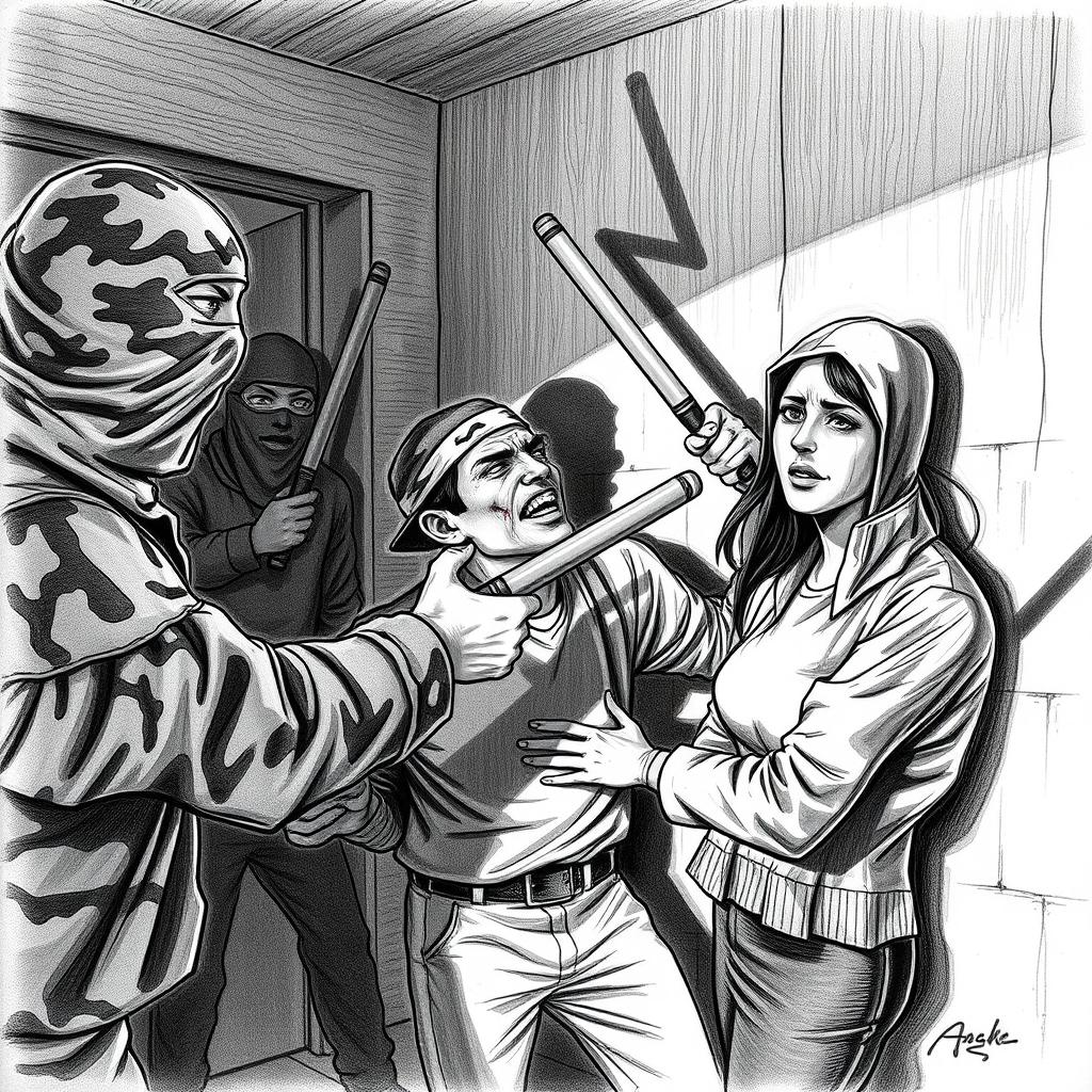 A dramatic black and white drawing capturing a tense indoor scene where several figures dressed in camouflage and balaclavas are menacingly confronting a man and a woman
