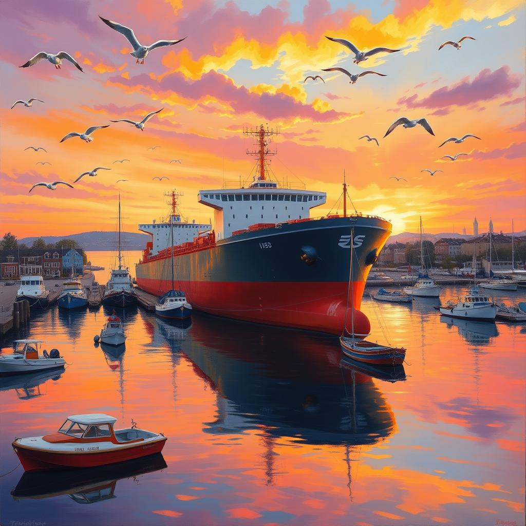 A beautiful painting of a vibrant harbor scene featuring a large tanker ship docked at the port