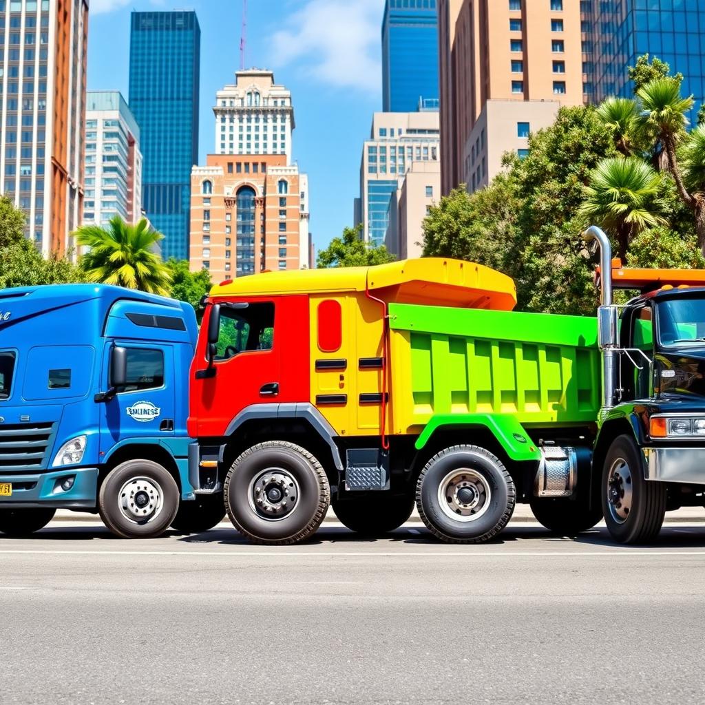 A side view of five different trucks lined up next to each other in a vibrant urban setting