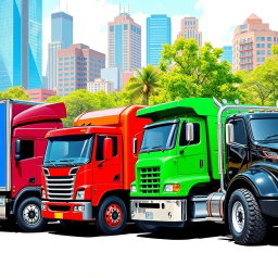 A side view of five different trucks lined up next to each other in a vibrant urban setting