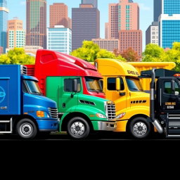 A side view of five different trucks lined up next to each other in a vibrant urban setting