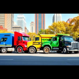 A side view of five different trucks lined up next to each other in a vibrant urban setting