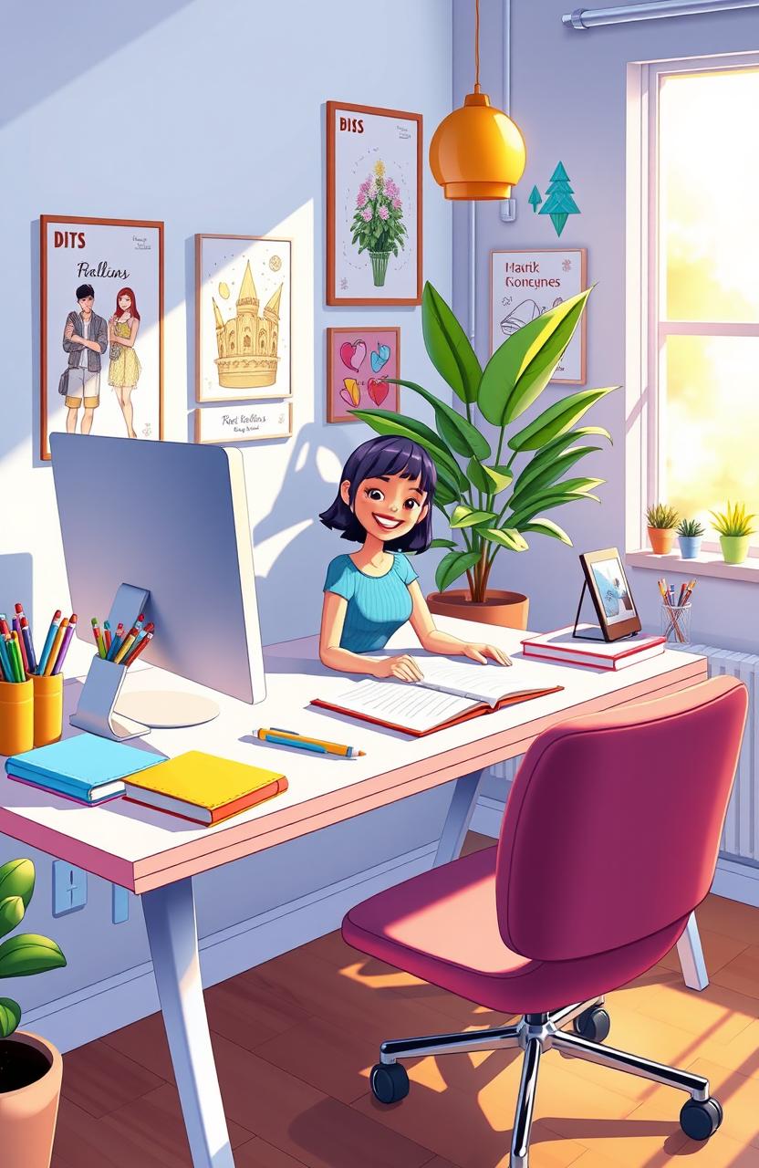 A colorful and vibrant illustration inspired by the Sims computer game, depicting a stylish, modern workspace filled with playful elements