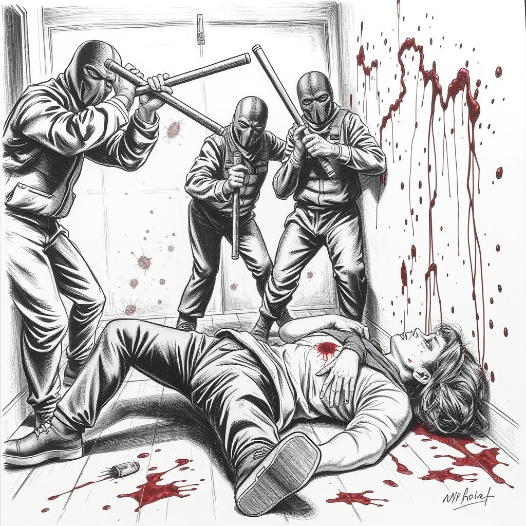 A dramatic black and white drawing capturing a tense indoor scene where several ominous figures dressed in camouflage and balaclavas wield rubber batons, attacking a man and woman lying helplessly on the ground