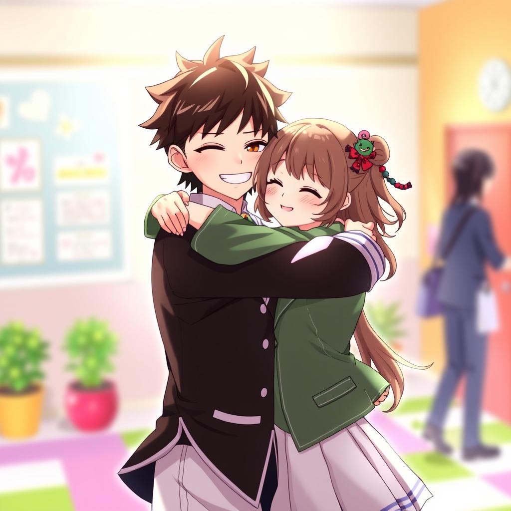A heartwarming scene of Kokichi Ouma and Kaede Akamatsu from Danganronpa V3 sharing a warm hug