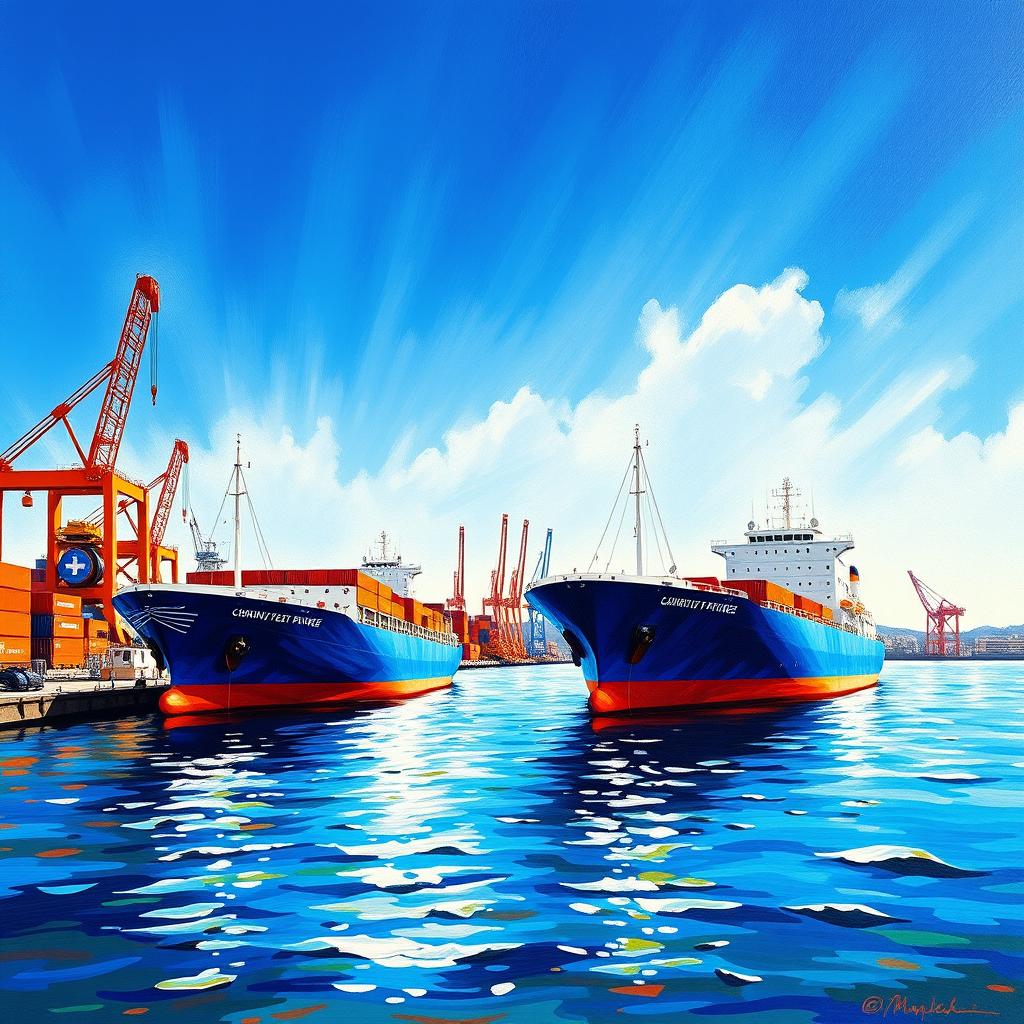 Two tankers docked at the Port of Piraeus, showcasing a vibrant blue sky overhead