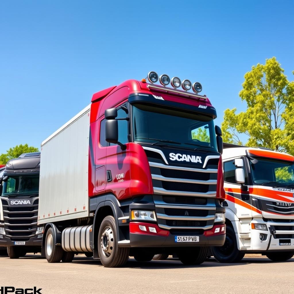 A side view of five different trucks lined up, prominently featuring a Scania truck among them