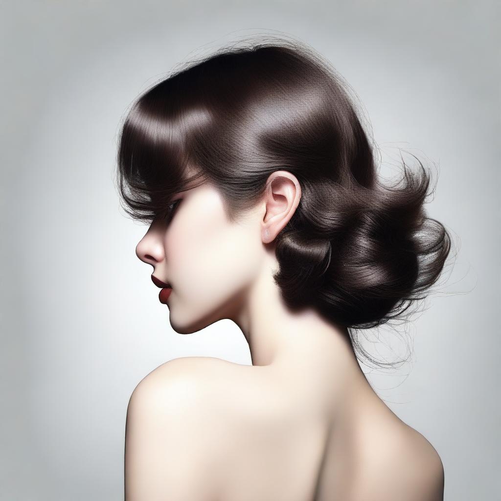 A tastefully rendered digital art piece features a short, brunette woman from the back view